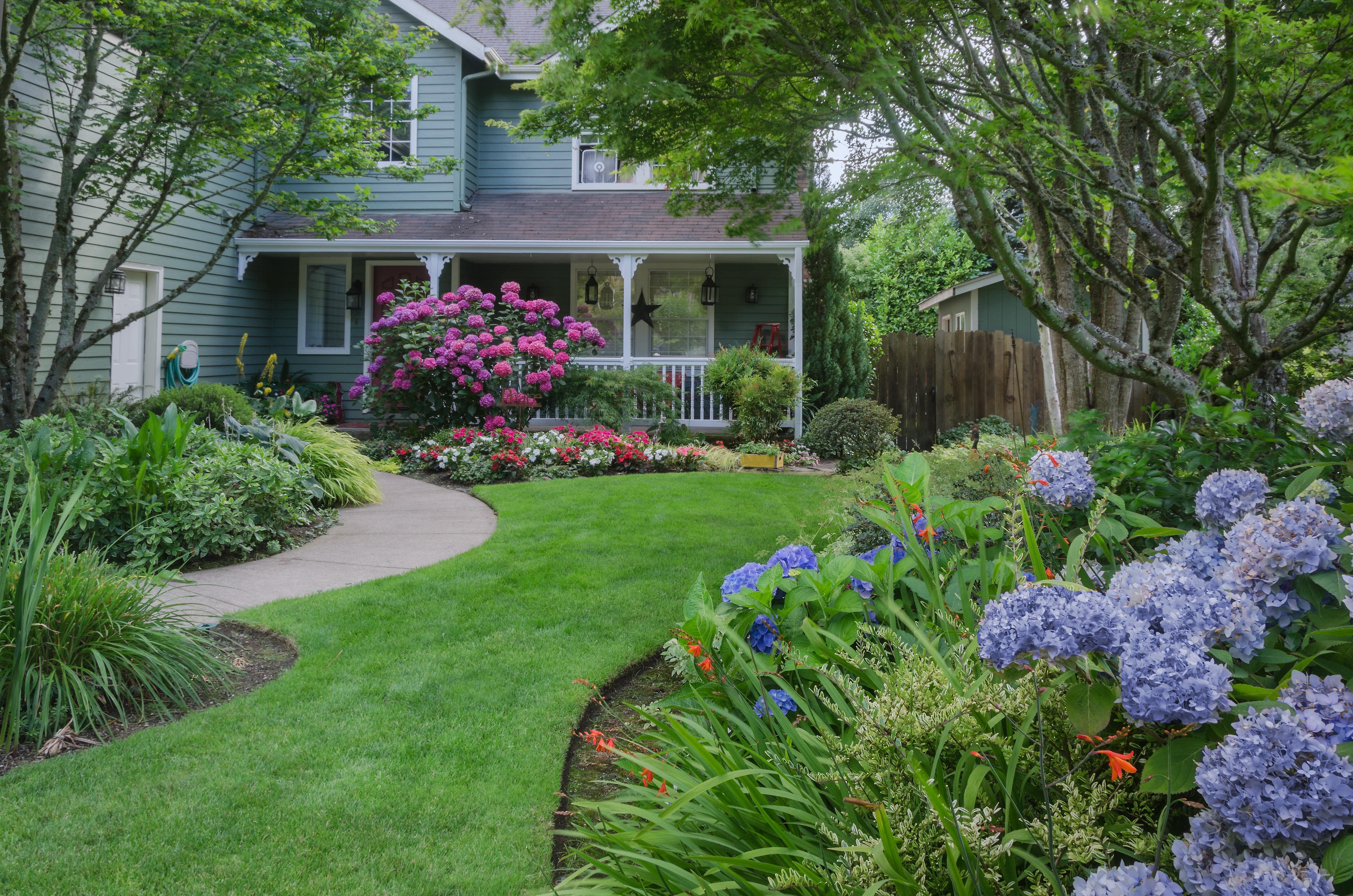 Garden landscaping with flower beds
